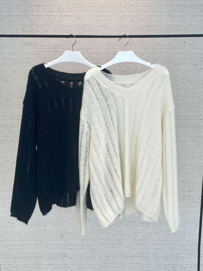 女士春大V領鏤空羊毛毛衣