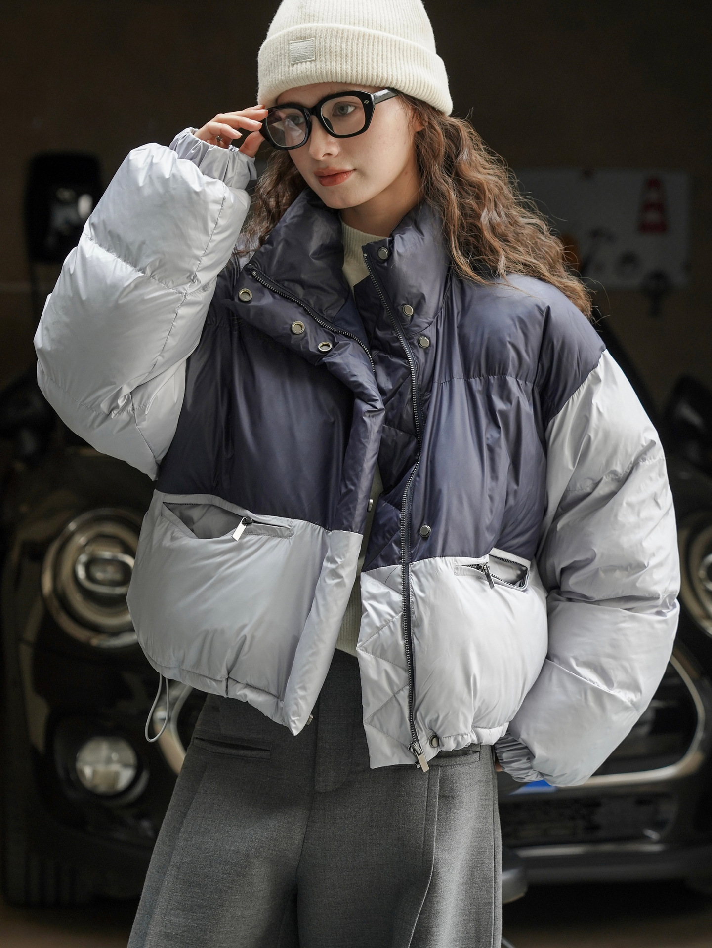 女士冬季立領拼接撞色麵包棉服