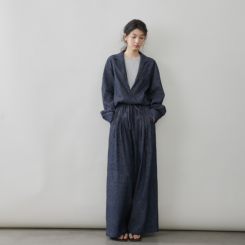 女士春秋亞麻棉牛仔假兩件套裝