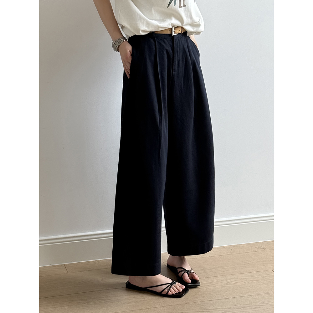 女士水洗棉含腰帶直筒闊腿褲