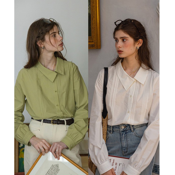 女春秋百褶斜門襟歪領長袖襯衫