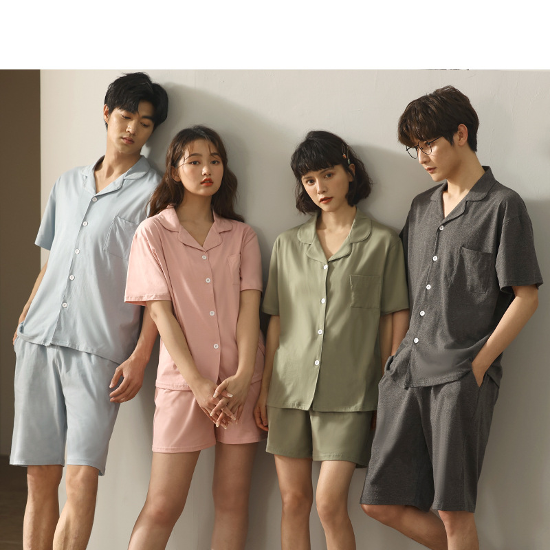 情侶款夏純棉短袖短褲開衫居家服