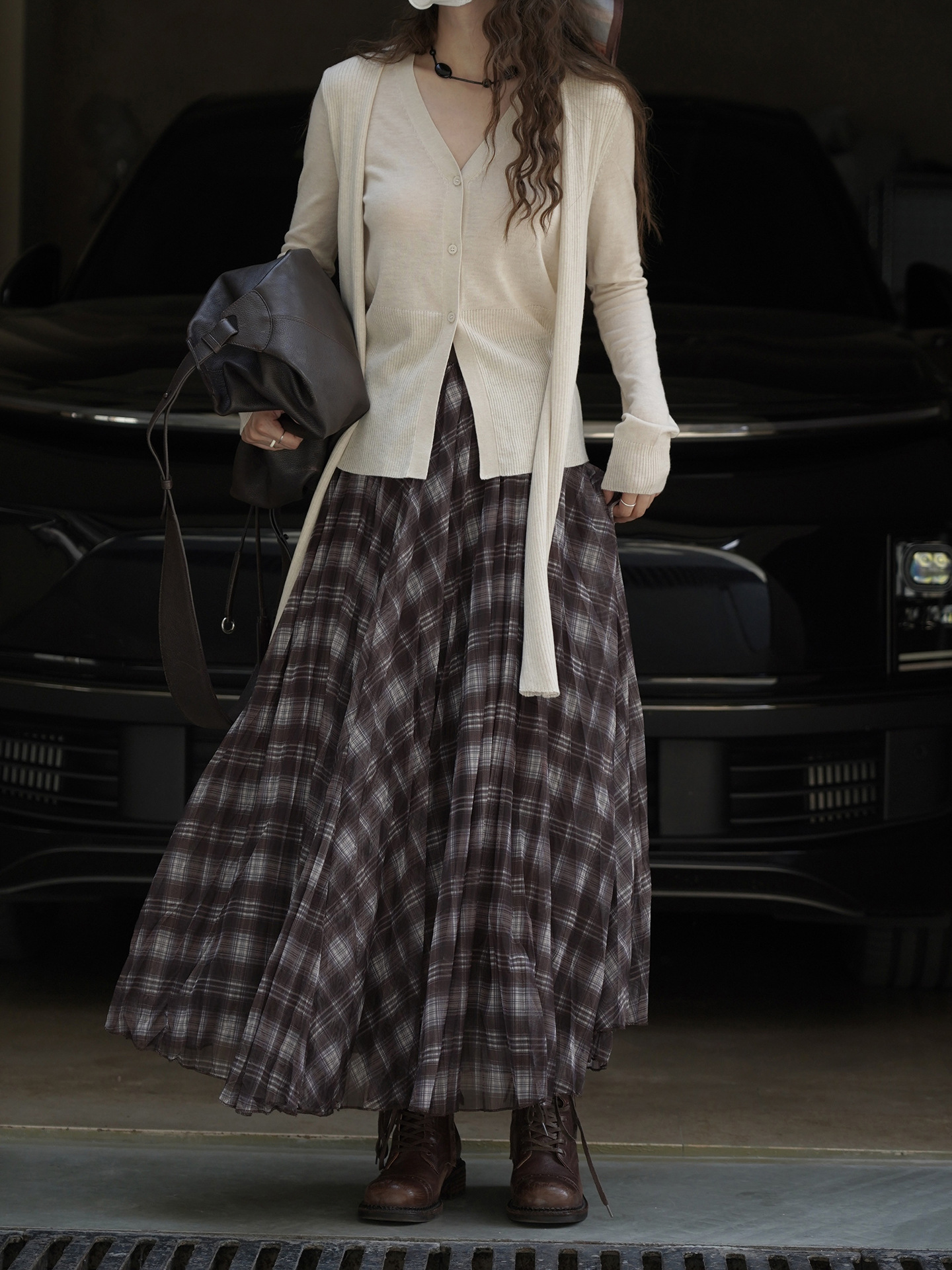 女士秋季法式格子大擺半身裙