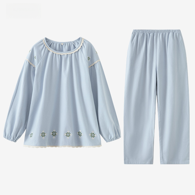 女士秋冬純棉磨毛刺繡圓領套头長袖長褲居家服