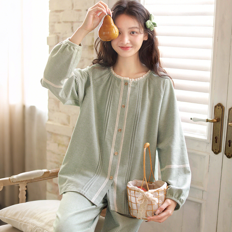 女士秋冬純棉磨毛花邊小圓領長袖長褲家居服