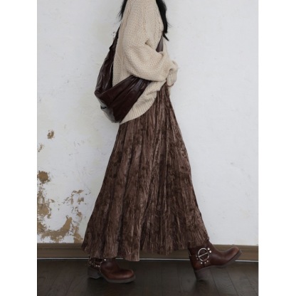 女士印花褶皺加厚絲絨半身裙