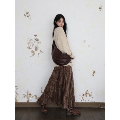 女士印花褶皺加厚絲絨半身裙