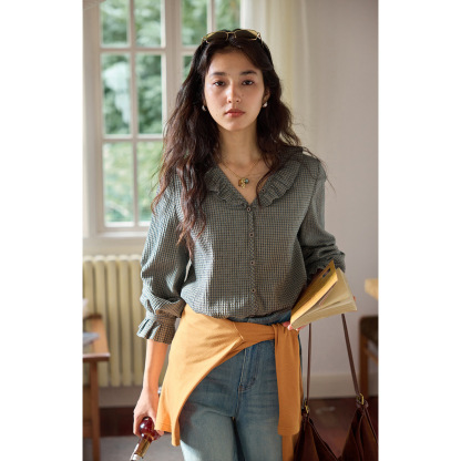 女士春秋法式V領荷葉邊格子襯衫