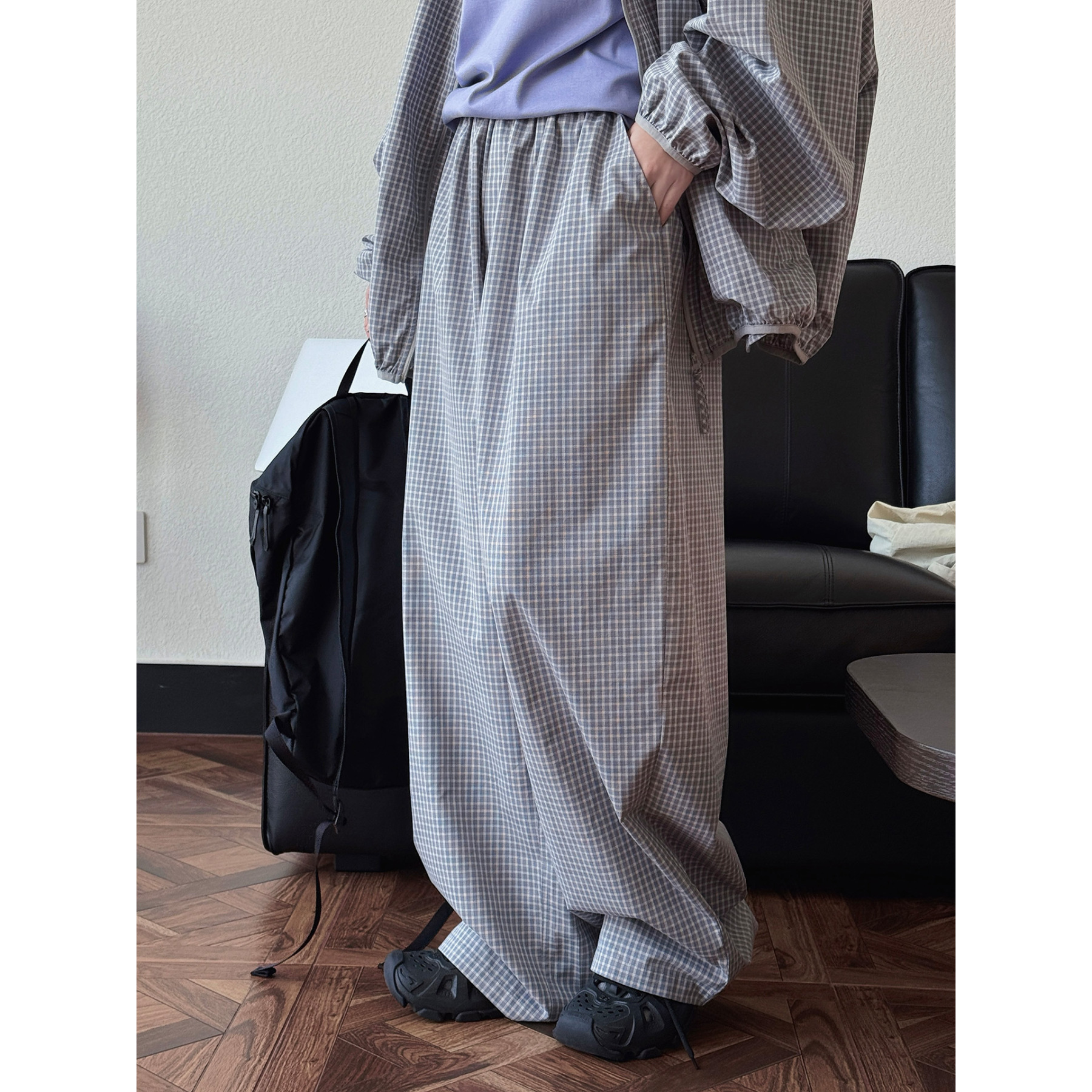 女夏細格紋寬鬆闊腿長褲