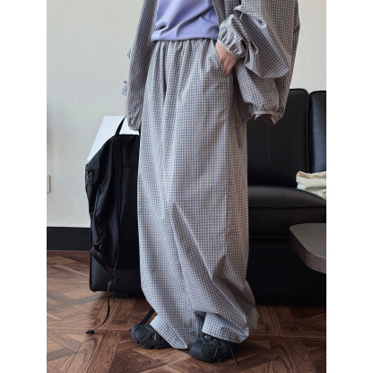 女夏細格紋寬鬆闊腿長褲