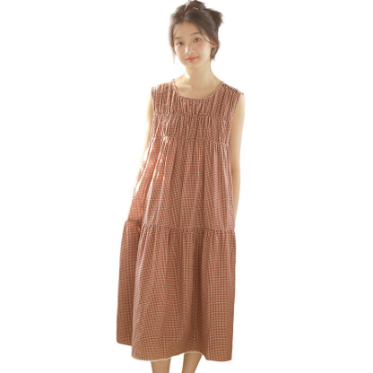 女士夏季森系無袖紅色小格過膝睡裙