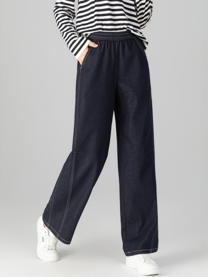 女士秋季鬆緊腰九分直筒牛仔褲