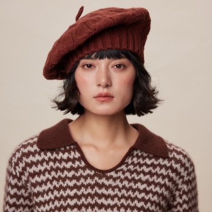 秋冬復古全羊毛毛線貝雷帽