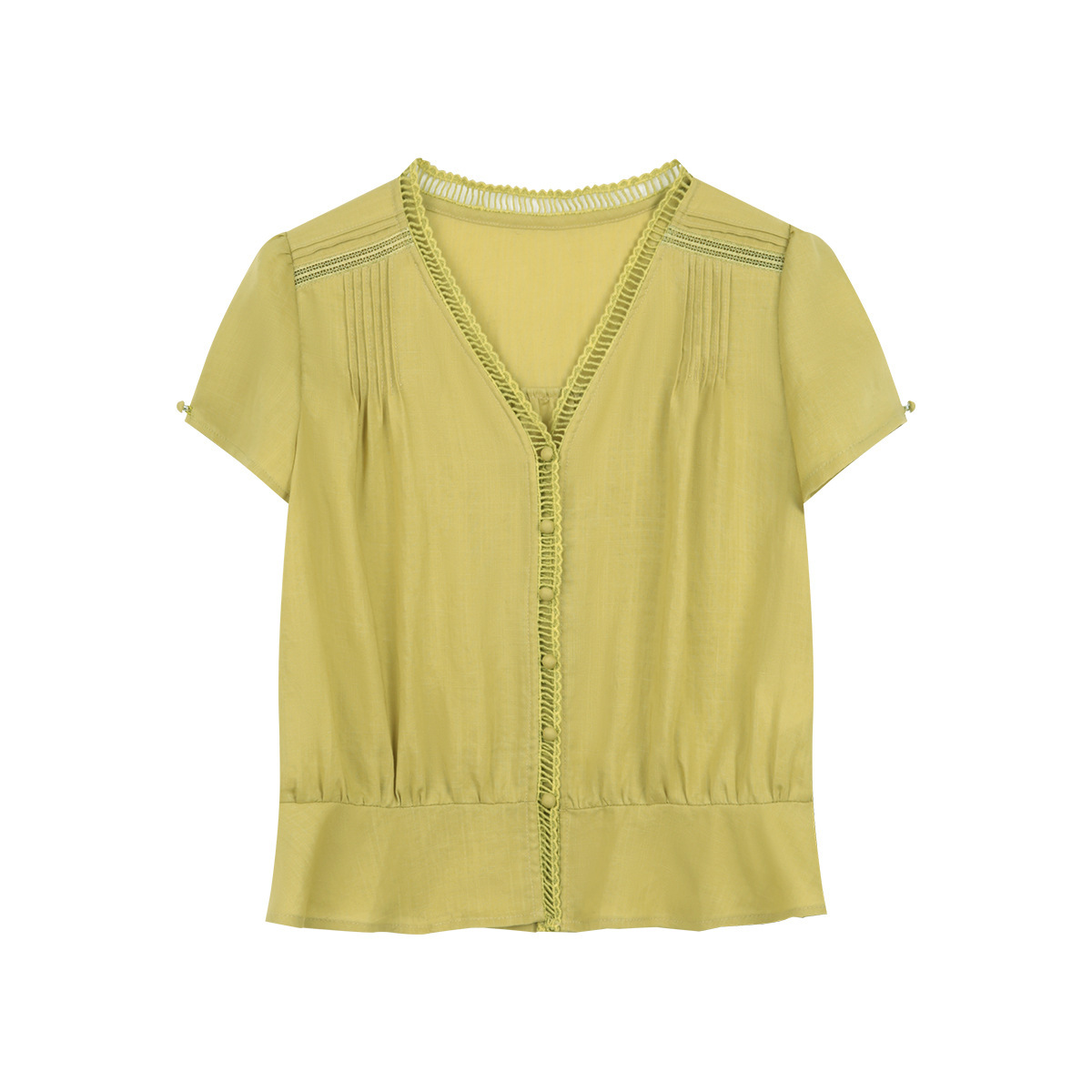 女夏萊賽爾v領荷葉邊短袖襯衫