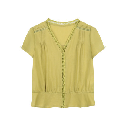 女夏萊賽爾v領荷葉邊短袖襯衫