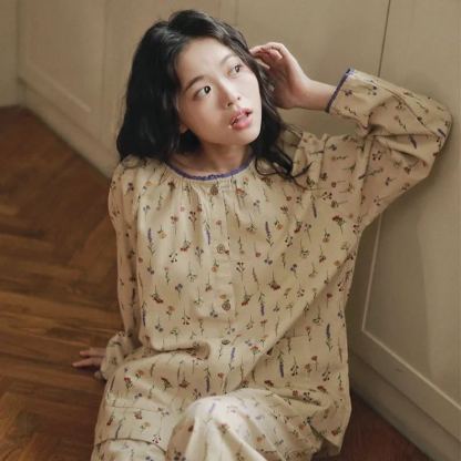 女士秋冬全棉磨毛絨布碎花圓領長袖長褲居家服