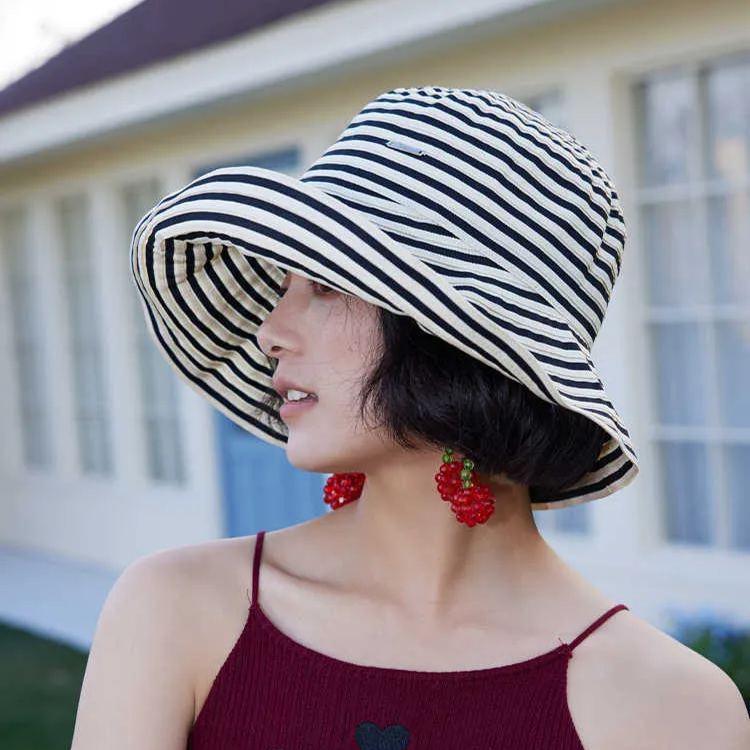 條紋UPF50+防曬大檐漁夫帽