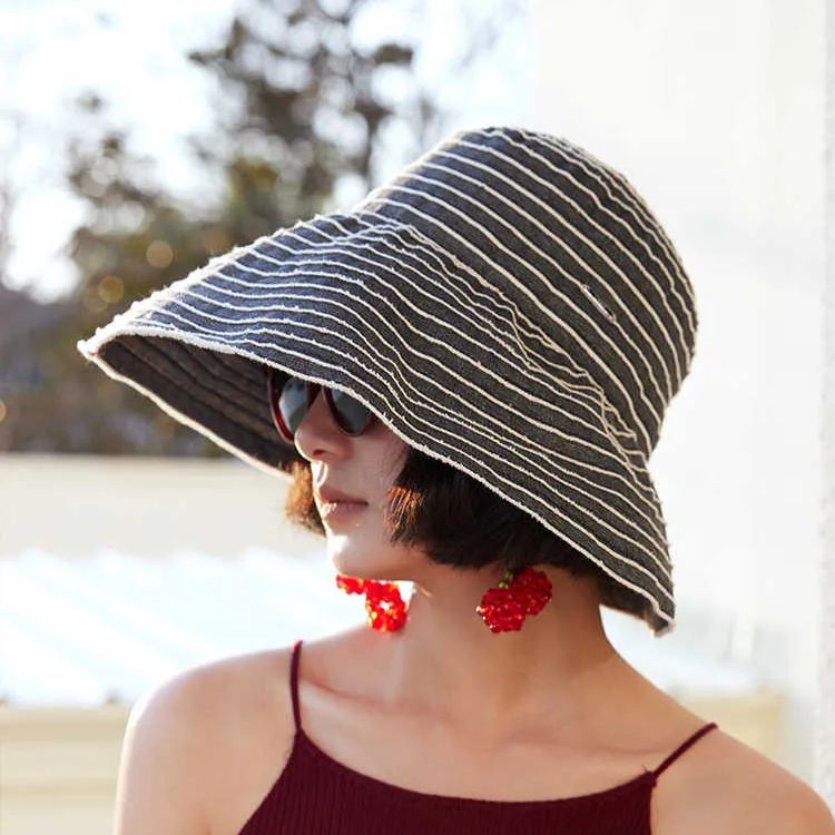 條紋UPF50+防曬大檐漁夫帽