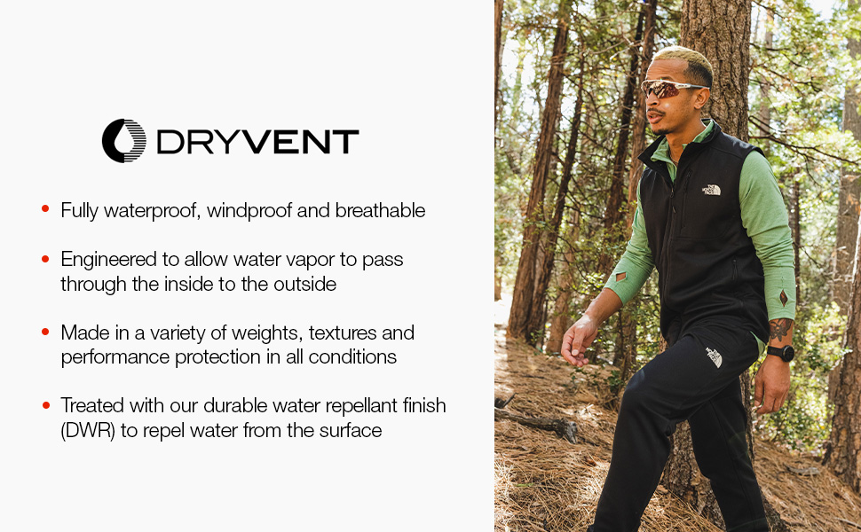 TNF Dryvent is fully waterproof, windproof and breathable while repelling water from the surface.