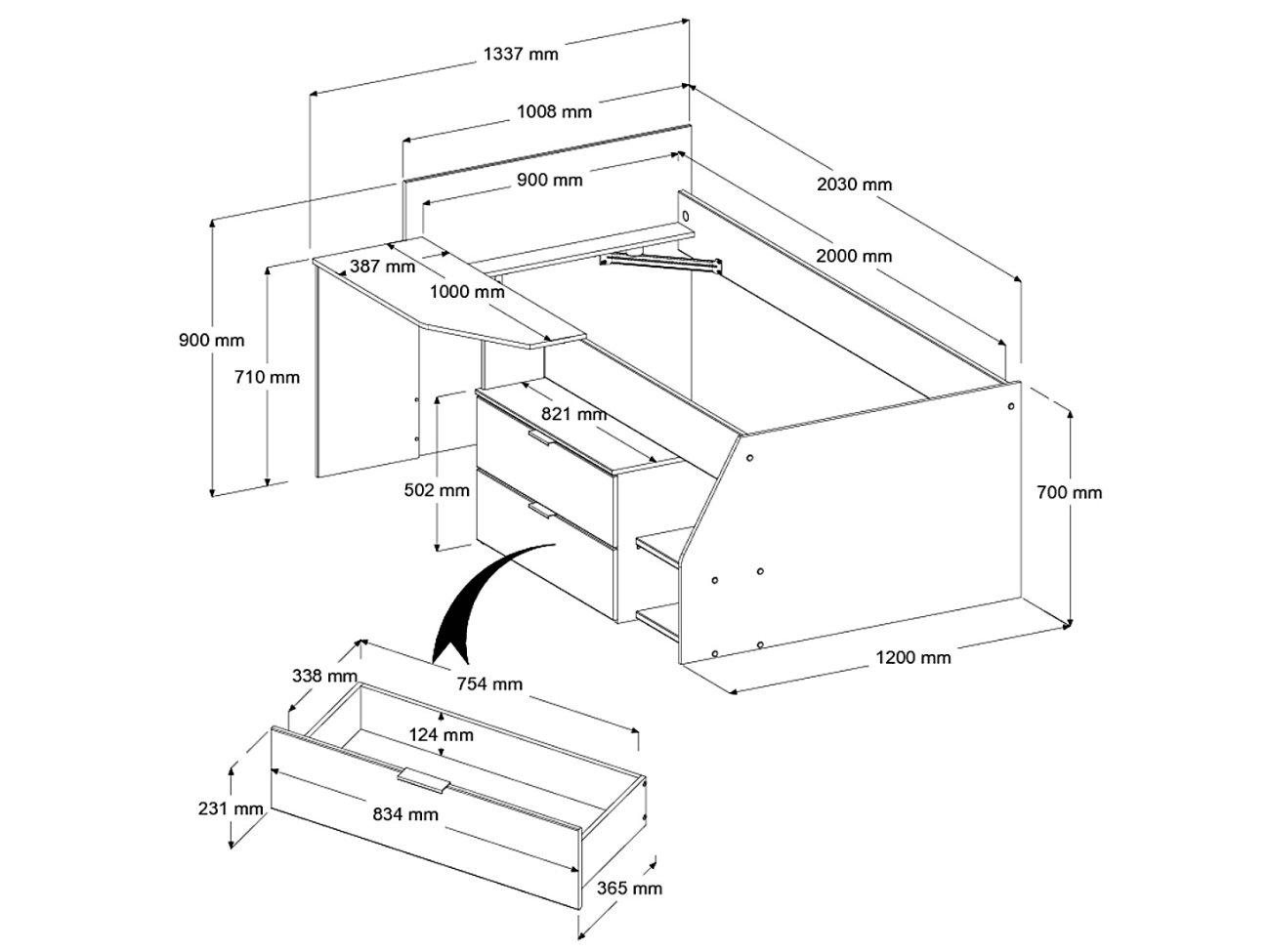 Milky Mid Sleeper Bed with 2 Drawers & Desk