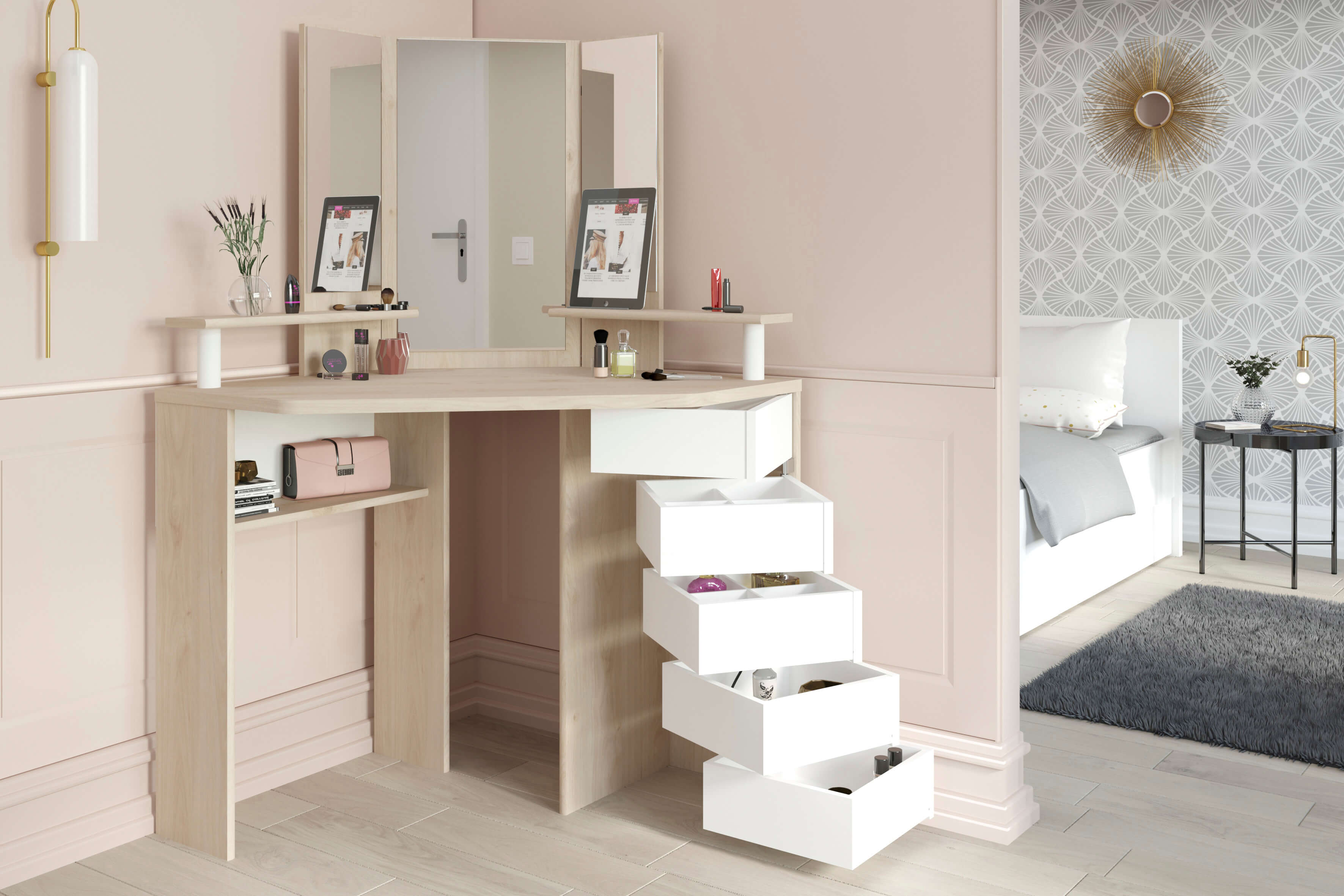 Corner Beauty Bar, White & Oak