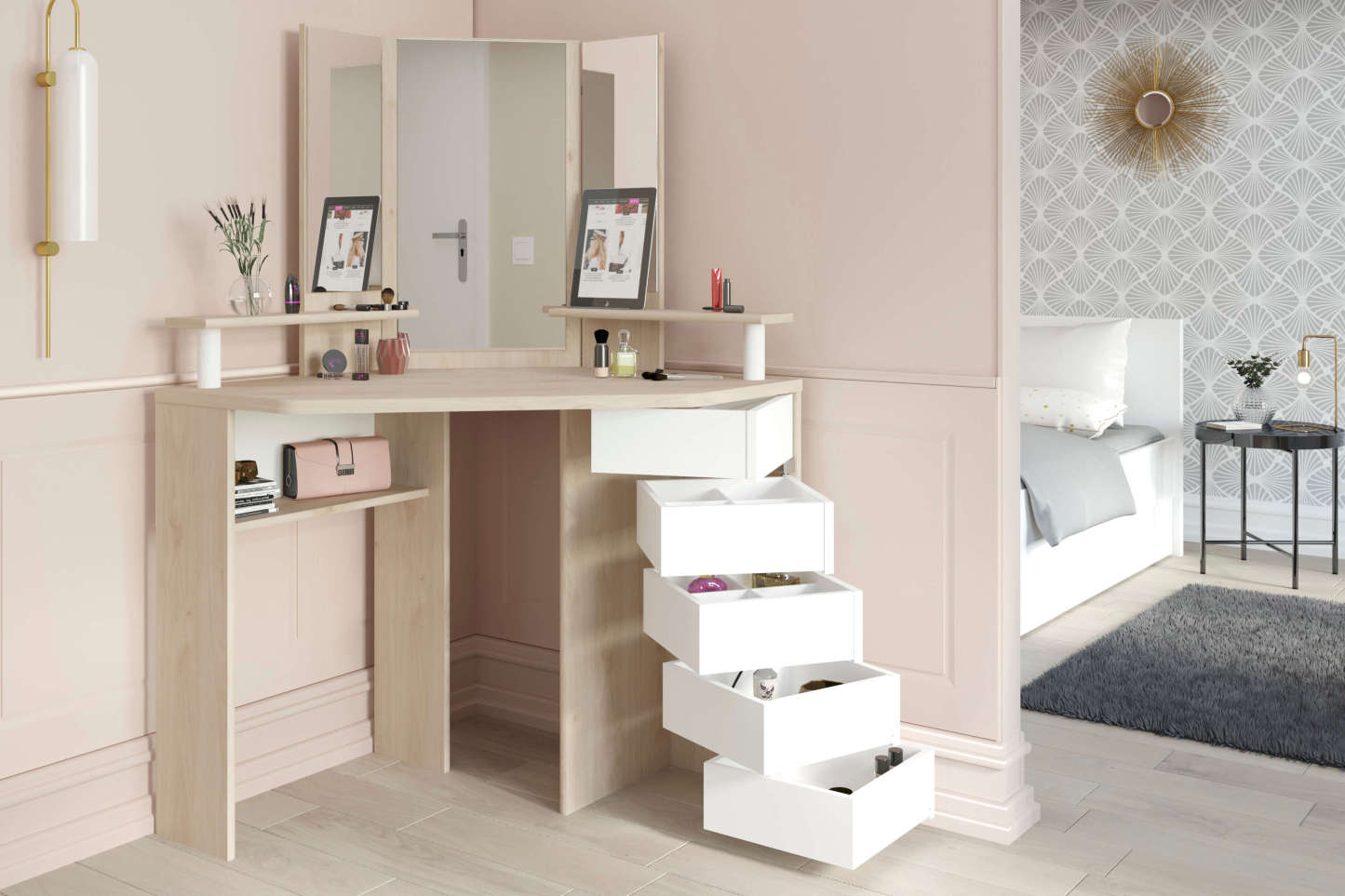Corner Beauty Bar, White & Oak