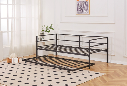 Catton Minimalistic Black Metal Day Bed Frame with Trundle