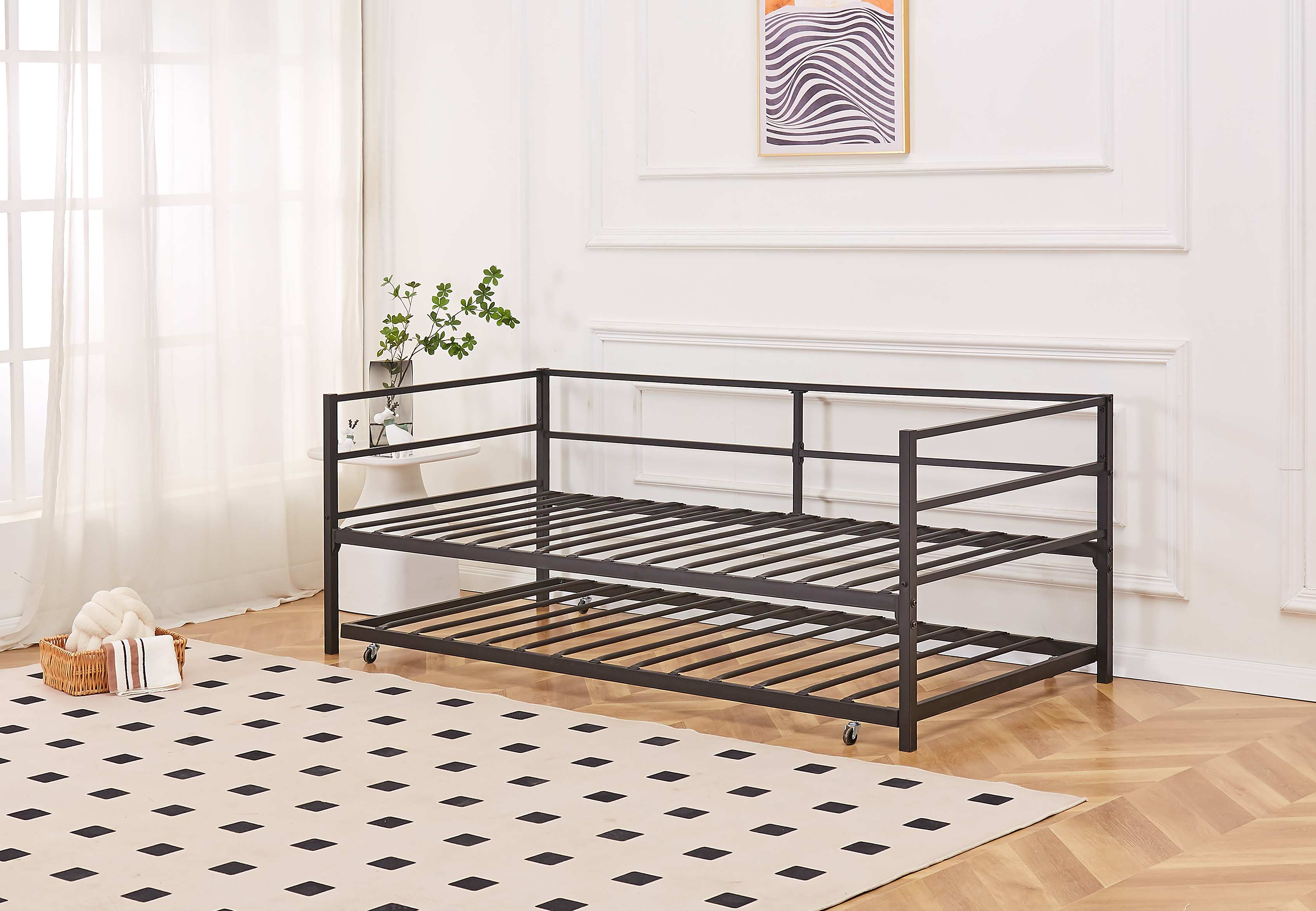 Catton Minimalistic Black Metal Day Bed Frame with Trundle