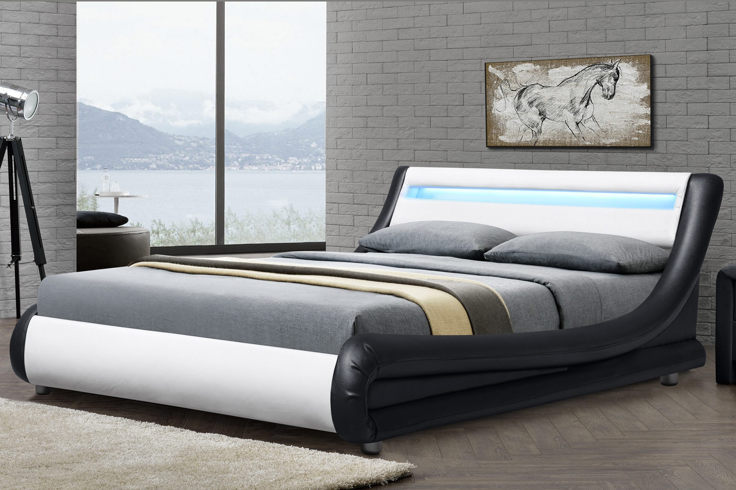 Barcelona LED Fabric Black/ White Faux Leather Bed