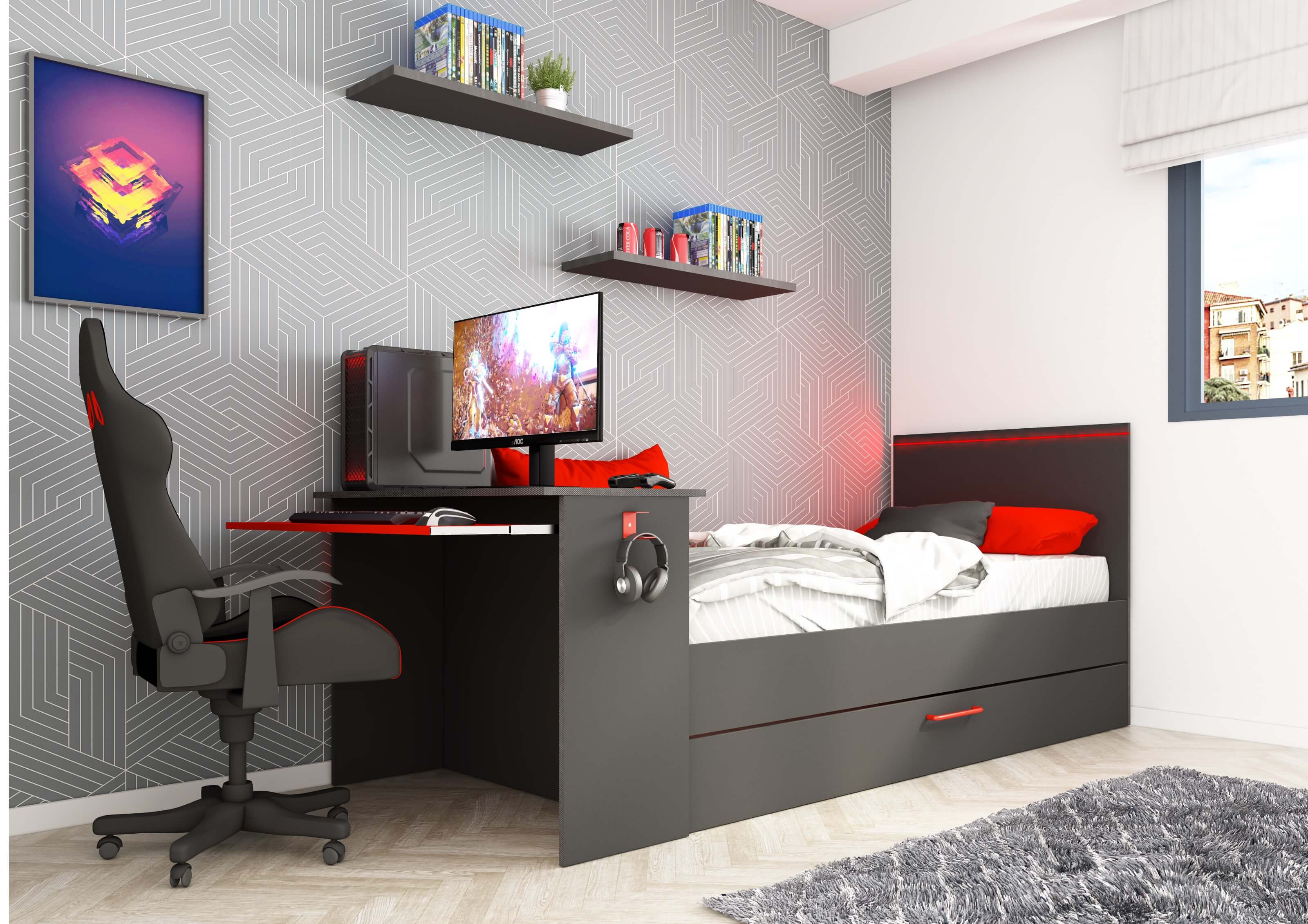 BZone LED Gaming Bed with Desk & Trundle