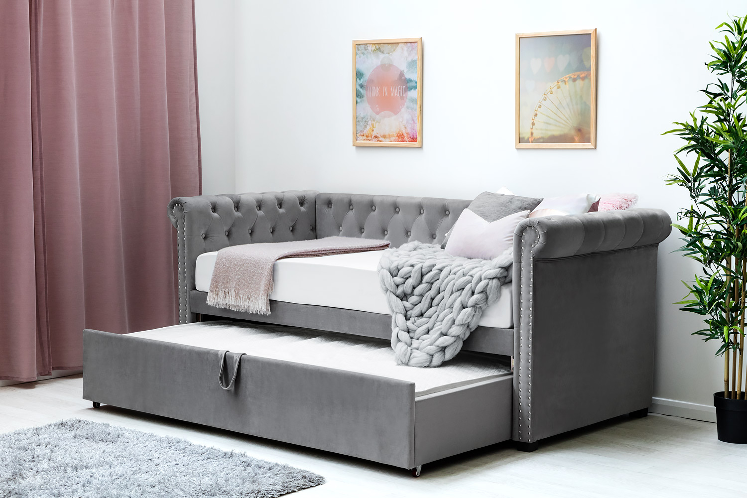 Clarendon Grey Velvet Fabric Day Bed With Trundle