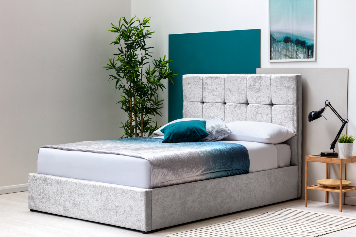 Horwood Crushed Silver Velvet Ottoman Storage Bed