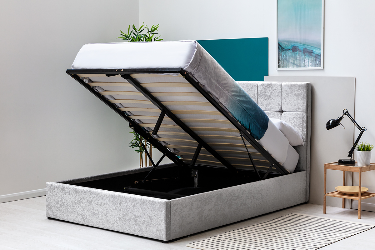 Horwood Crushed Silver Velvet Ottoman Storage Bed