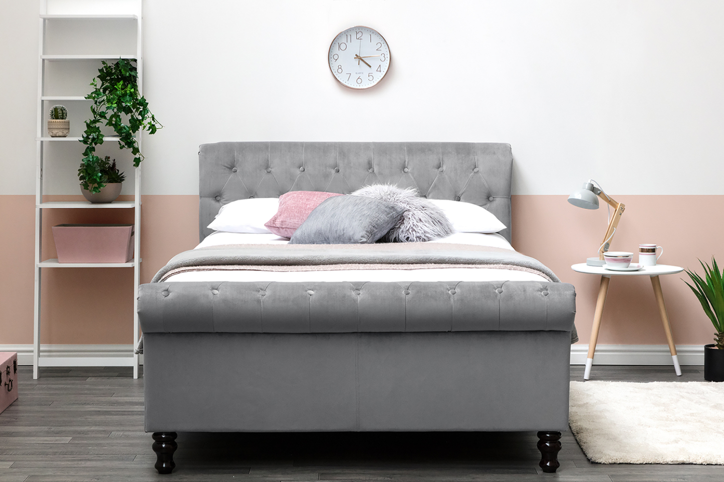 Lambeth Grey Velvet Ottoman Sleigh Bed