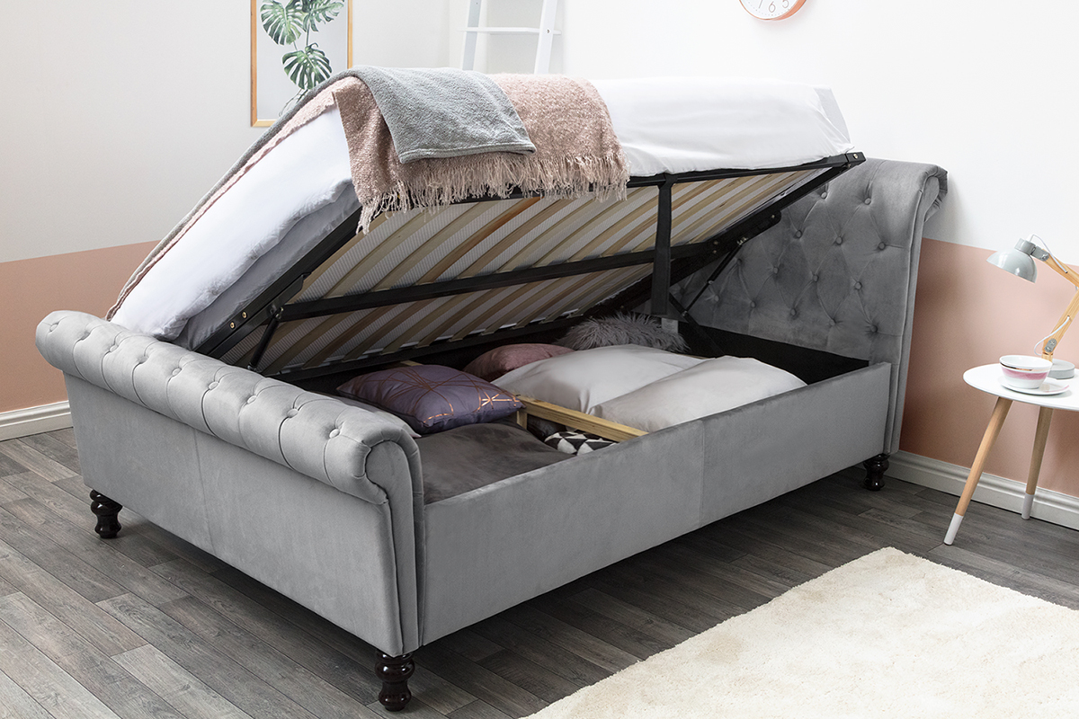 Lambeth Grey Velvet Ottoman Sleigh Bed