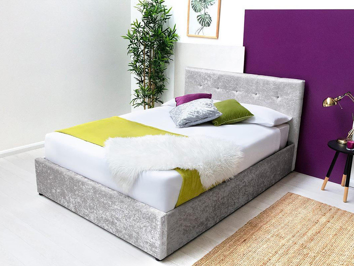 Lowther Crushed Silver Velvet Ottoman Storage Bed