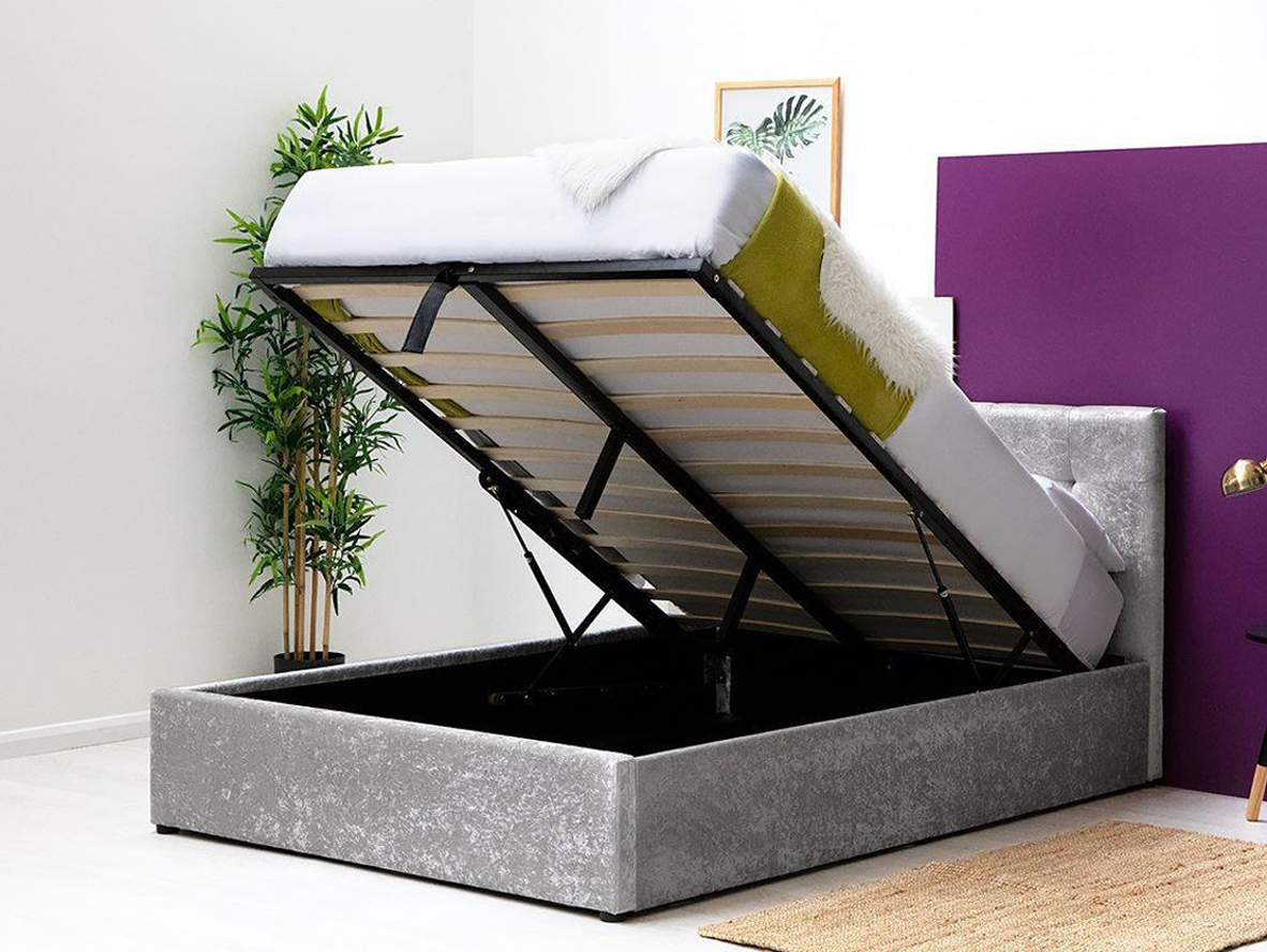 Lowther Crushed Silver Velvet Ottoman Storage Bed