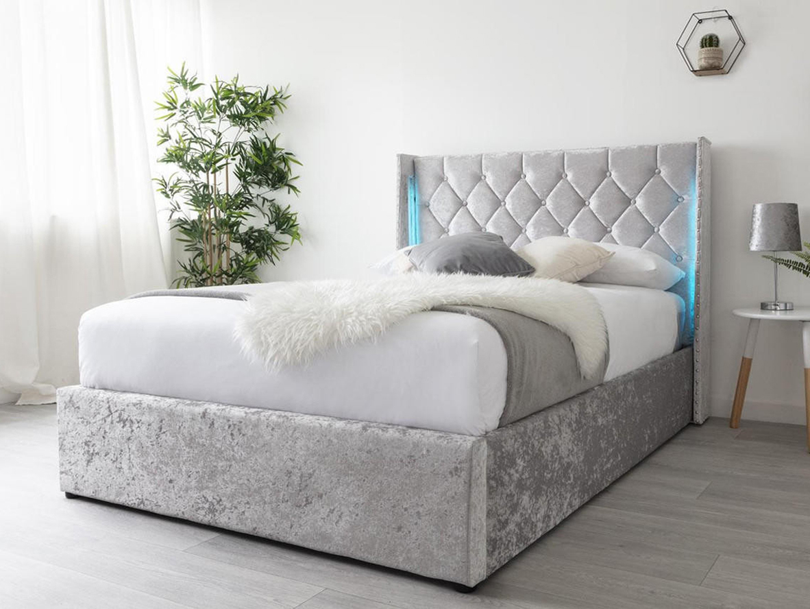 Loxley LED Fabric Crushed Silver Velvet Storage Ottoman Bed