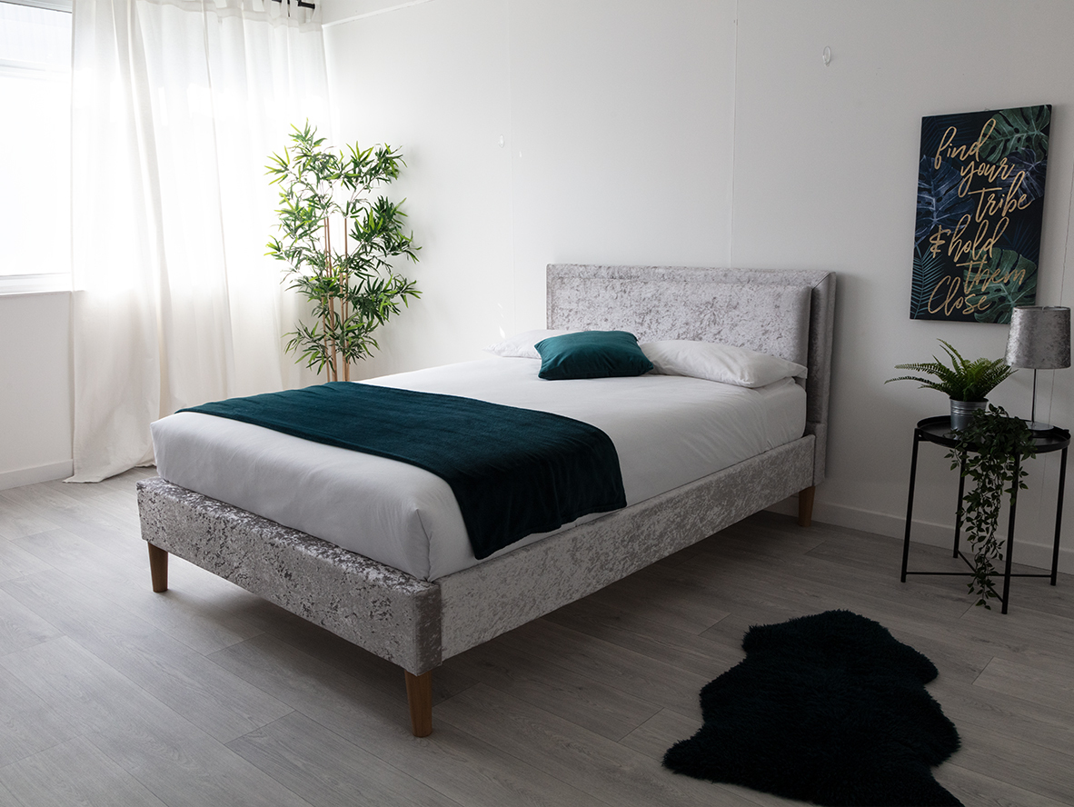 Ludlow LED Fabric Headboard Crushed Silver Velvet Bed Single, Double