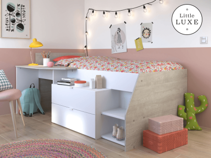 Milky Mid Sleeper Bed with 2 Drawers & Desk
