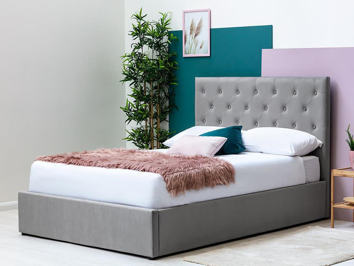 Parwich Grey Velvet Ottoman Bed