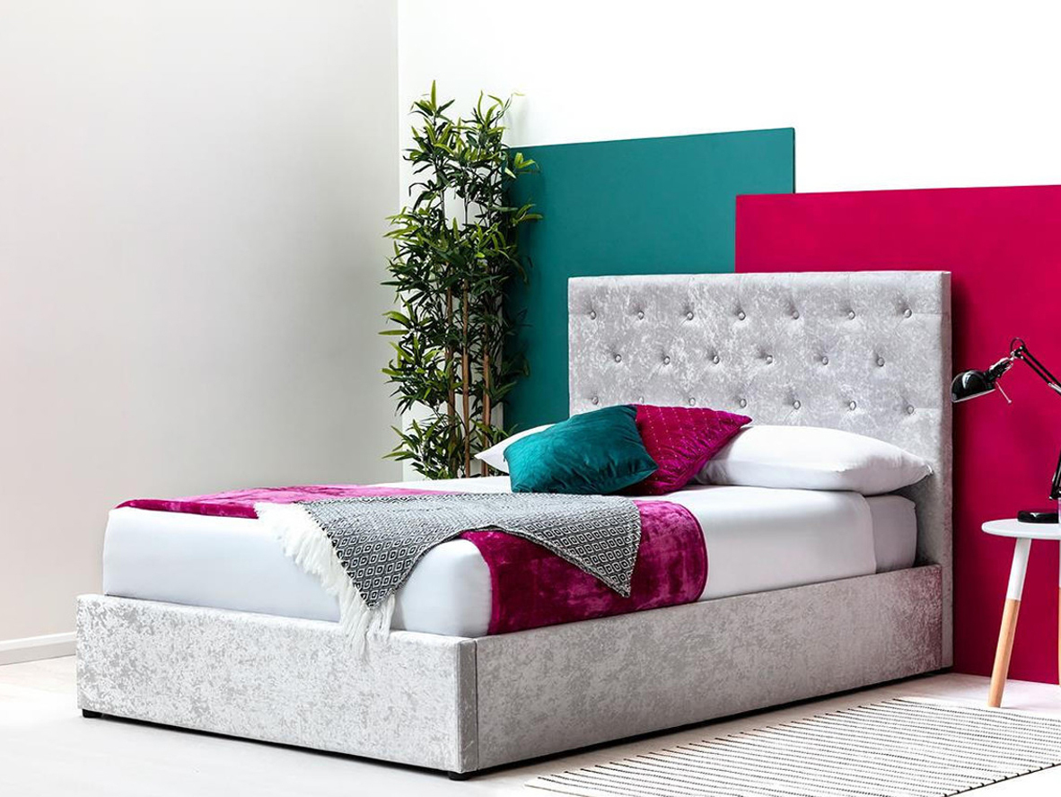 Parwich Crushed Silver Velvet Storage Ottoman Bed