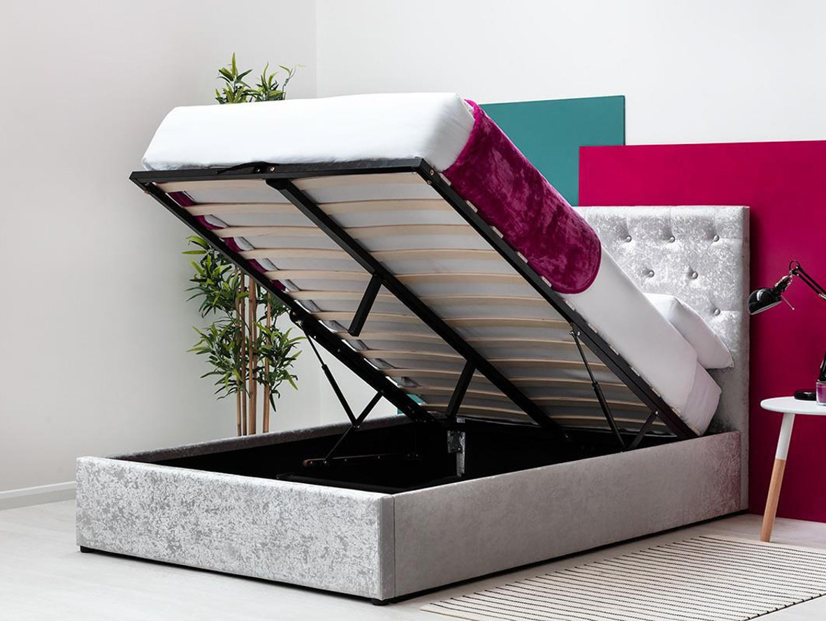 Parwich Crushed Silver Velvet Storage Ottoman Bed