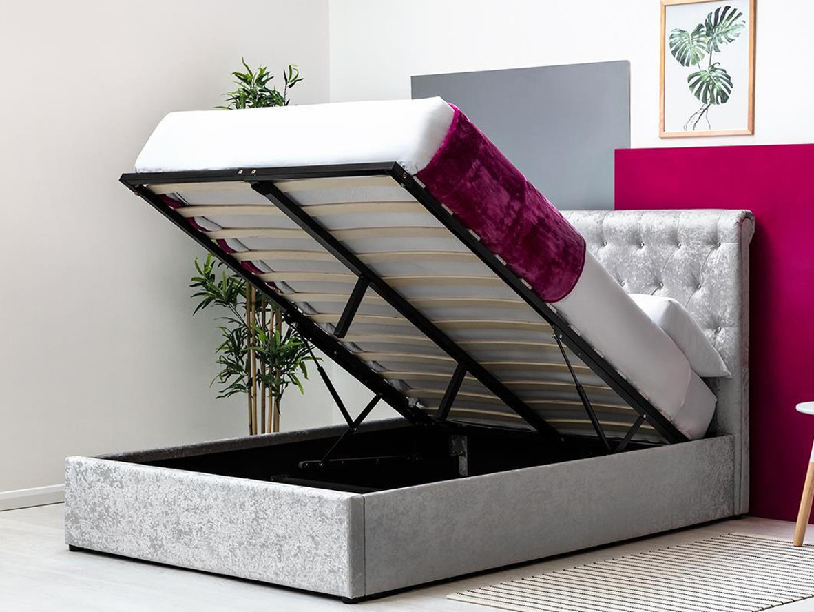 Thorpe Crushed Silver Ottoman Storage Bed