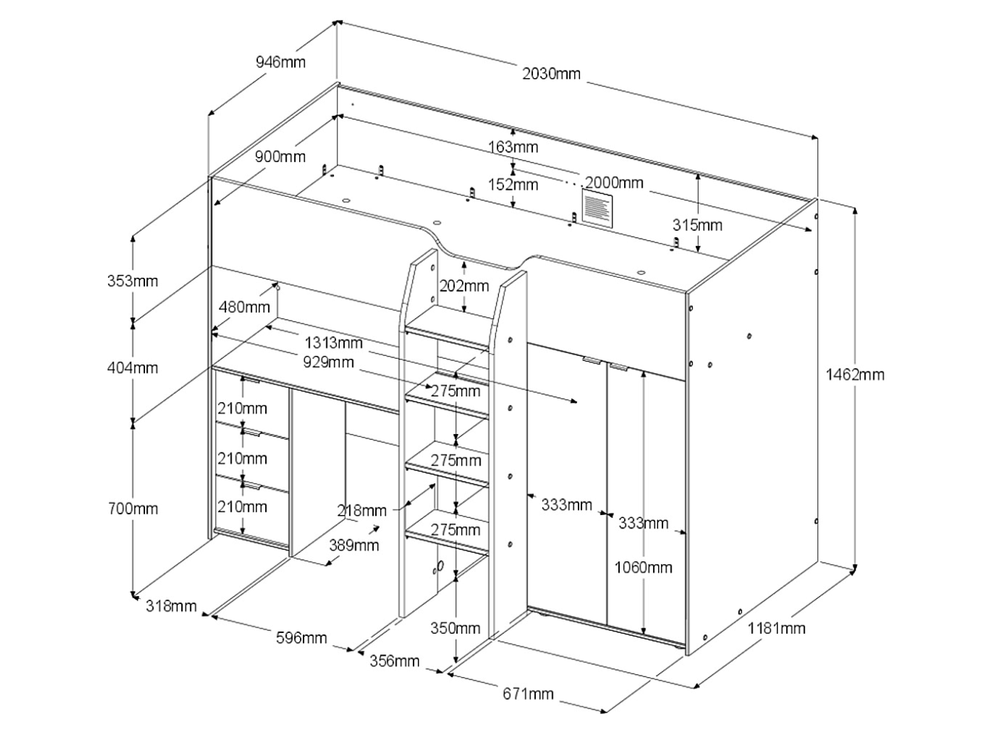 Tom Junior High Sleeper Bed, White & Natural