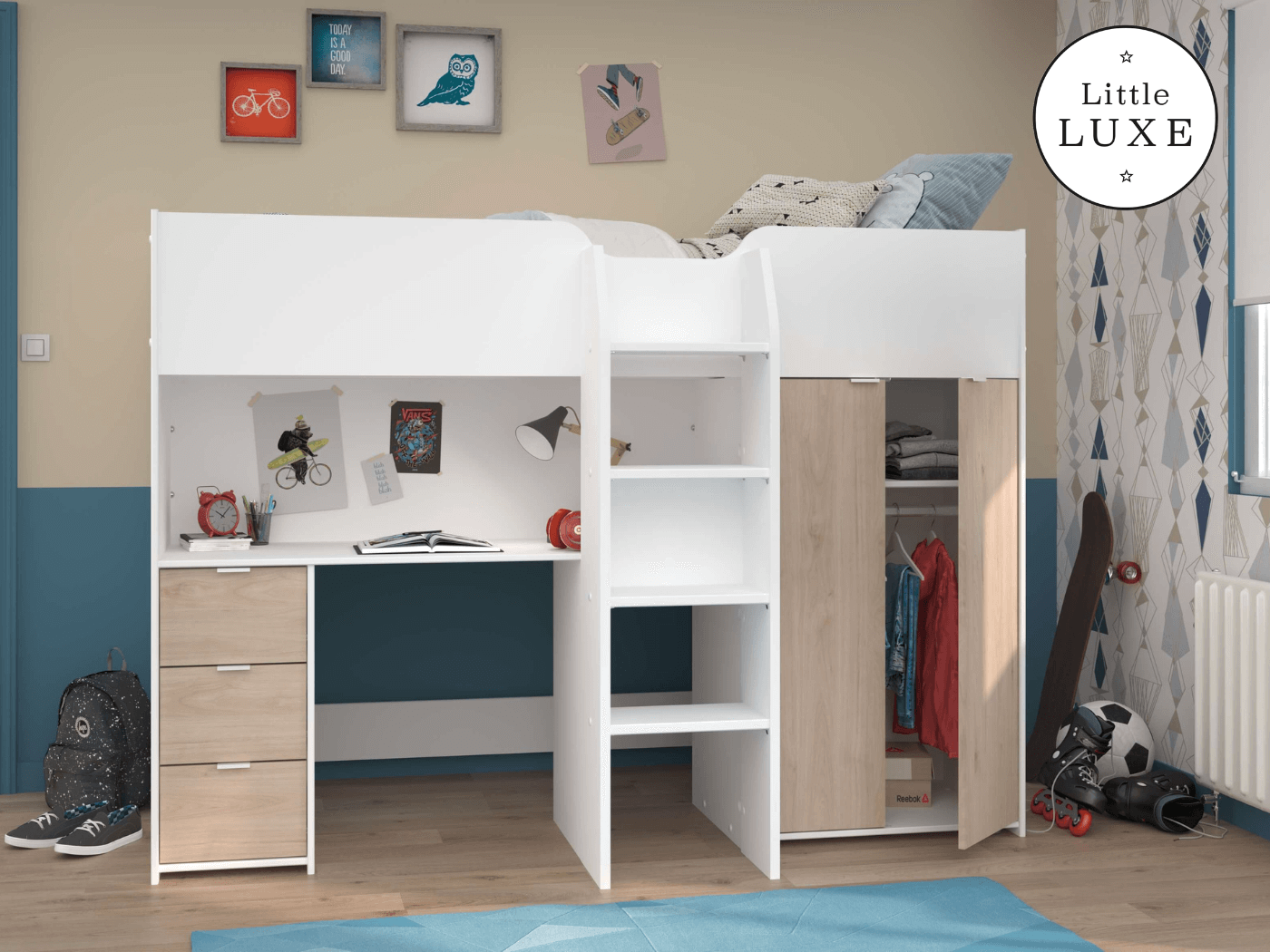 Tom Junior High Sleeper Bed, White & Natural