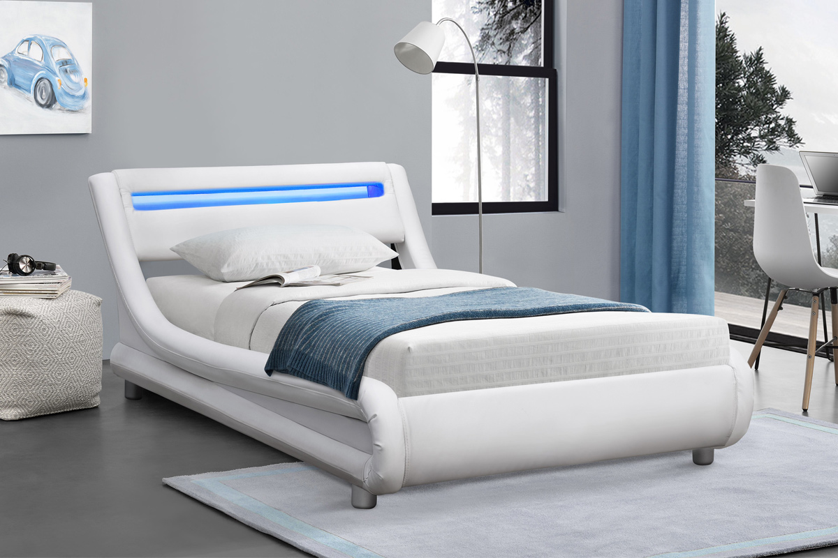 Barcelona LED Fabric White Faux Leather Bed