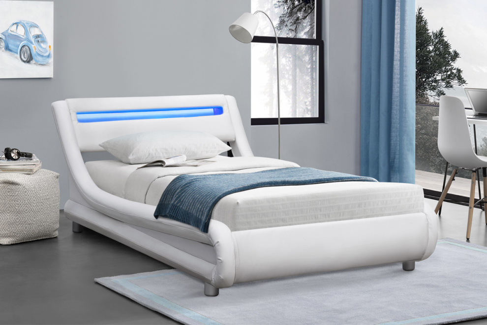 Barcelona LED Fabric White Faux Leather Bed Crazy Price Beds UK
