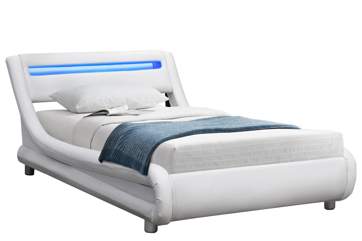 Barcelona LED Fabric White Faux Leather Bed