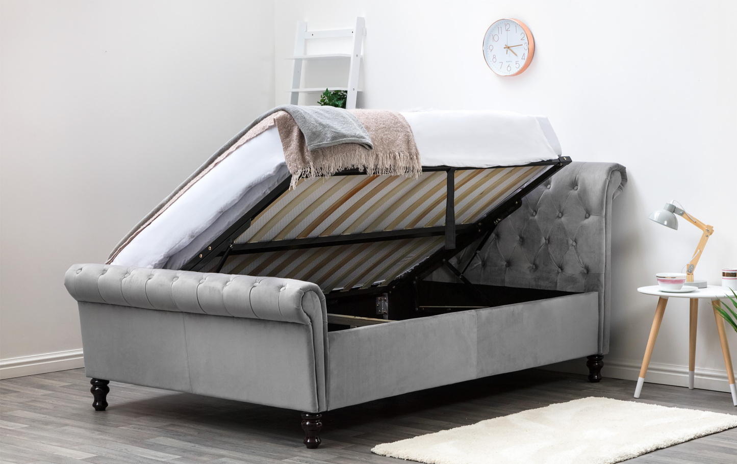 Lambeth Grey Velvet Ottoman Sleigh Bed